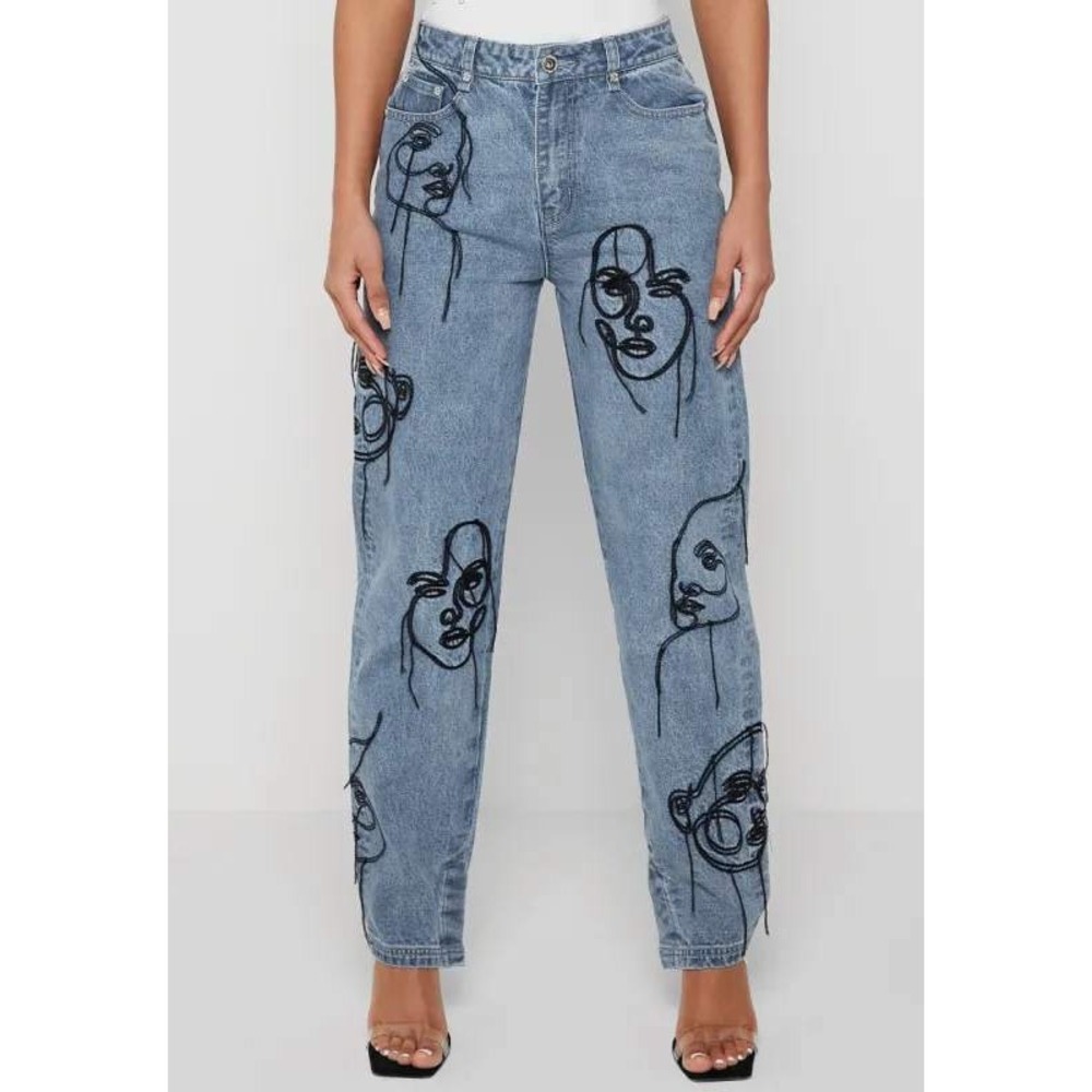 Maniere De Voir Line Art Mom Jeans Blue Embroidered Face Denim Pants Size 6
